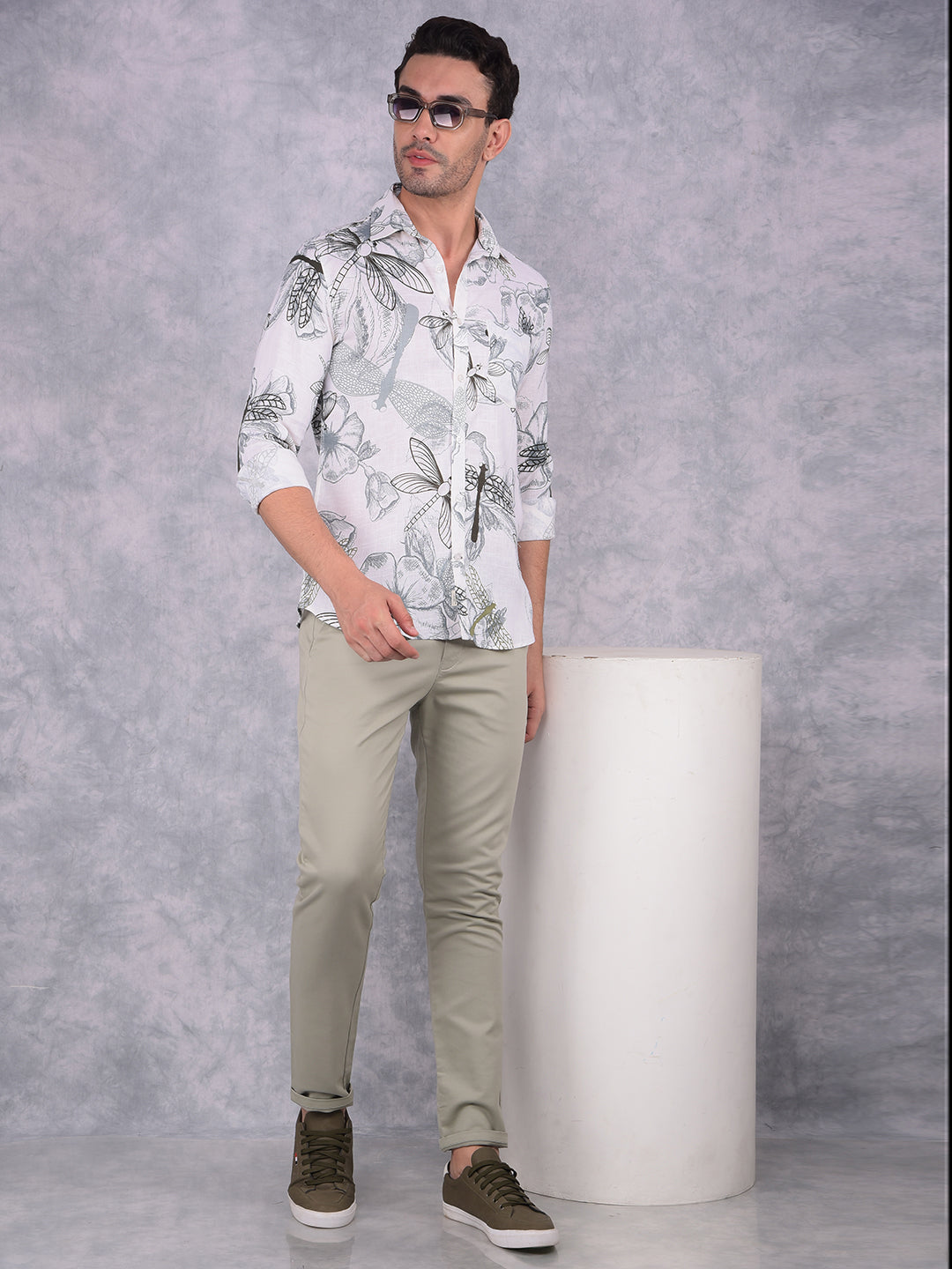 White Floral Print Linen Shirt-Men Shirts-Crimsoune Club