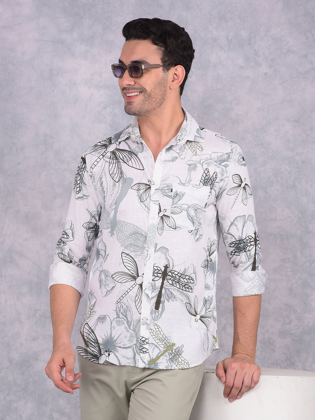 White Floral Print Linen Shirt-Men Shirts-Crimsoune Club