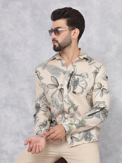 Beige Floral Print Linen Shirt-Men Shirts-Crimsoune Club