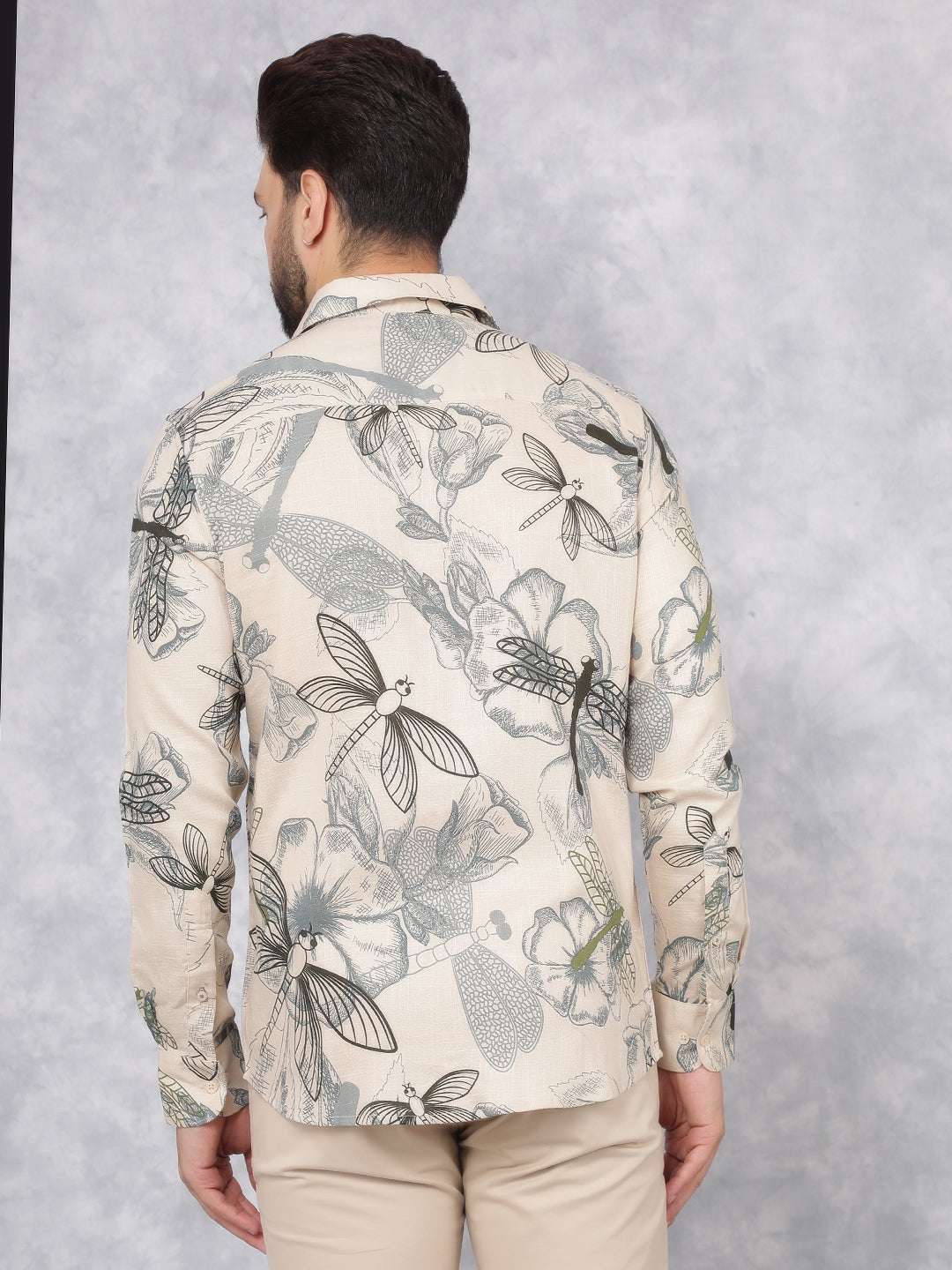 Beige Floral Print Linen Shirt-Men Shirts-Crimsoune Club