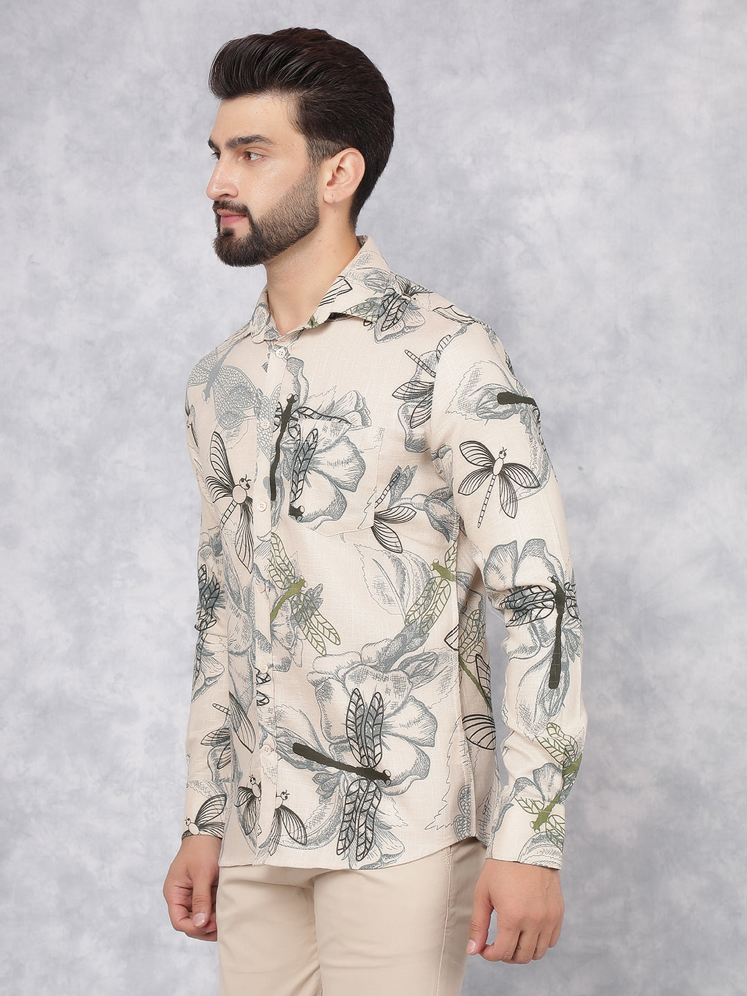 Beige Floral Print Linen Shirt-Men Shirts-Crimsoune Club