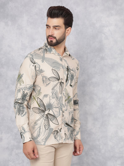 Beige Floral Print Linen Shirt-Men Shirts-Crimsoune Club