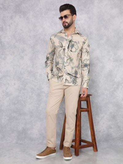 Beige Floral Print Linen Shirt-Men Shirts-Crimsoune Club