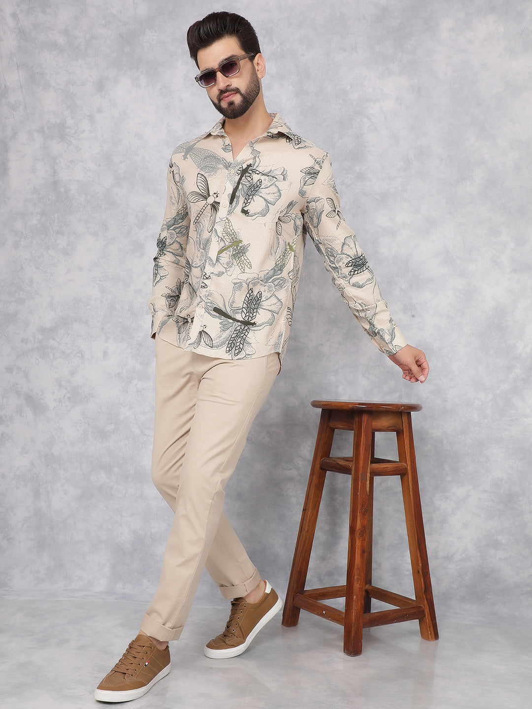 Beige Floral Print Linen Shirt-Men Shirts-Crimsoune Club