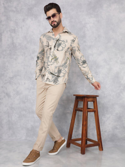 Beige Floral Print Linen Shirt-Men Shirts-Crimsoune Club