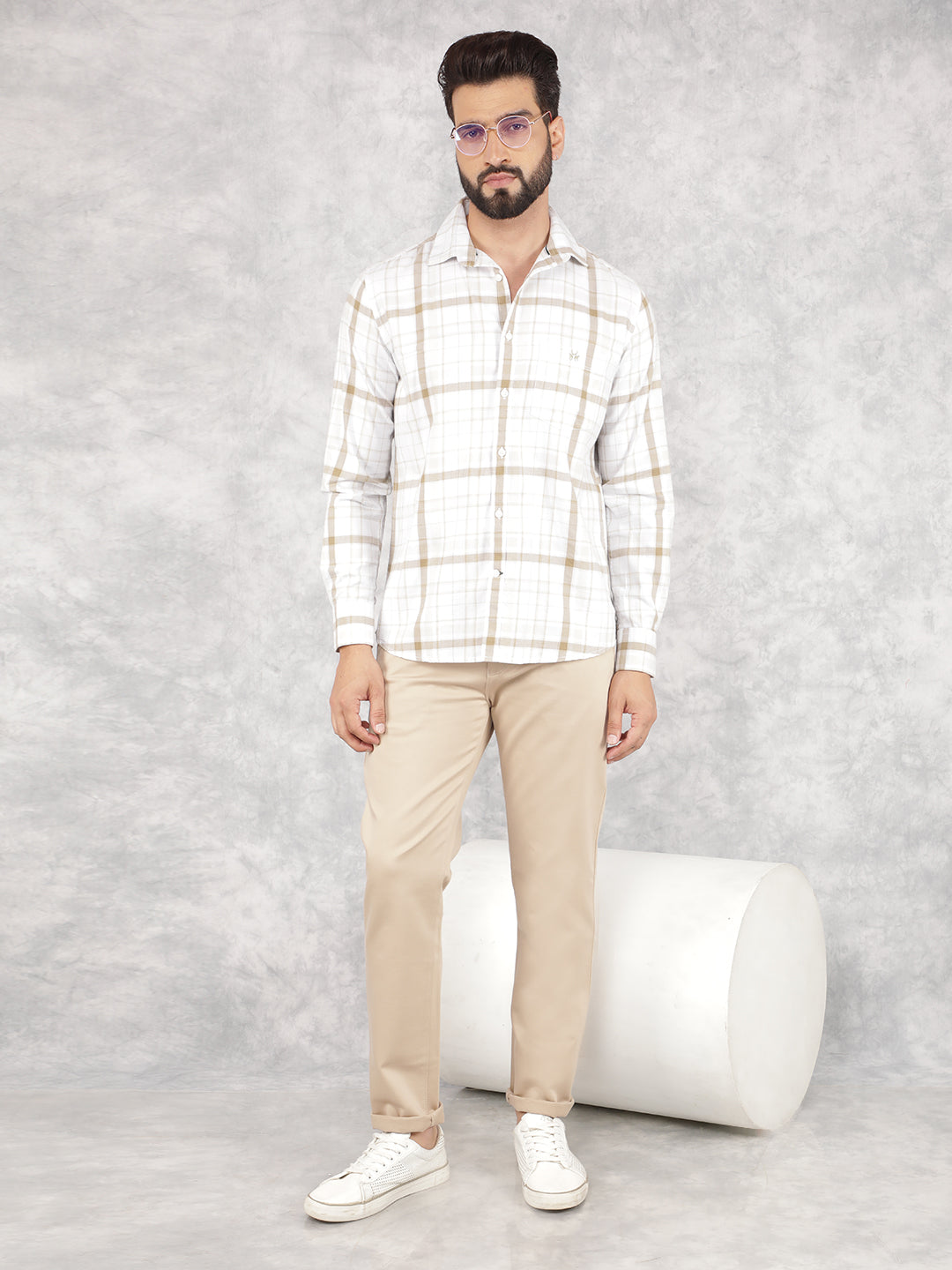 Beige Checked 100% Cotton Shirt-Men Shirts-Crimsoune Club