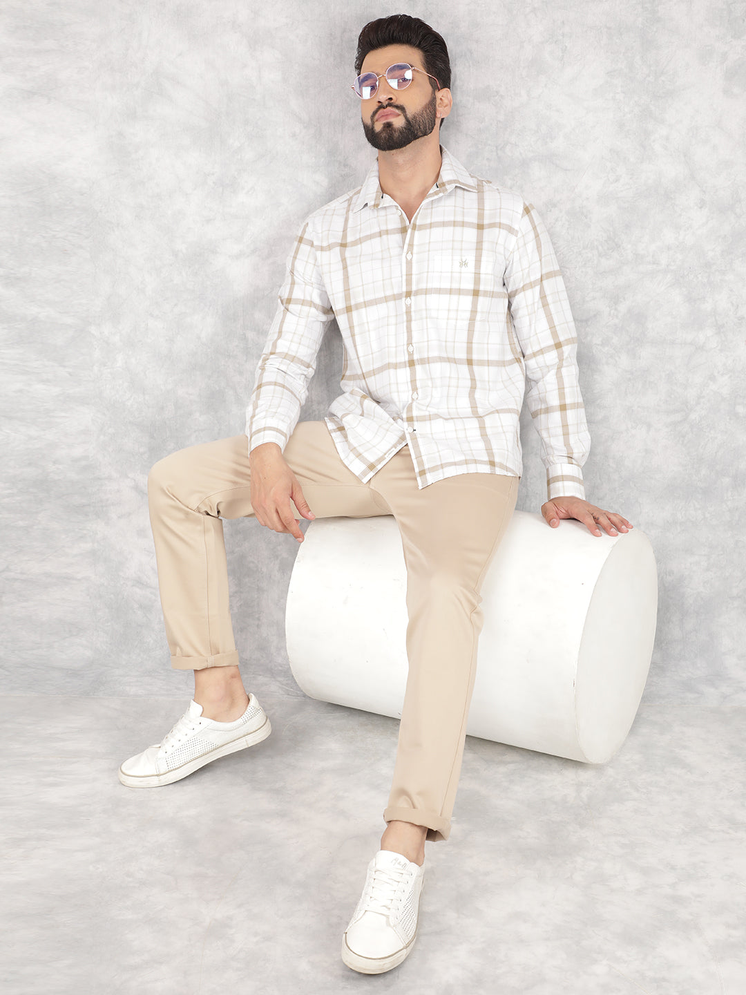 Beige Checked 100% Cotton Shirt-Men Shirts-Crimsoune Club