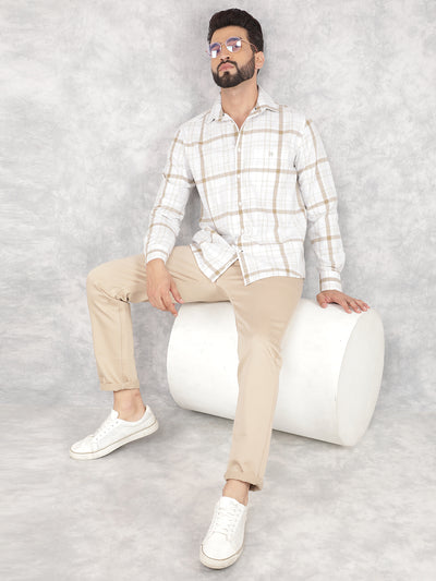 Beige Checked 100% Cotton Shirt-Men Shirts-Crimsoune Club