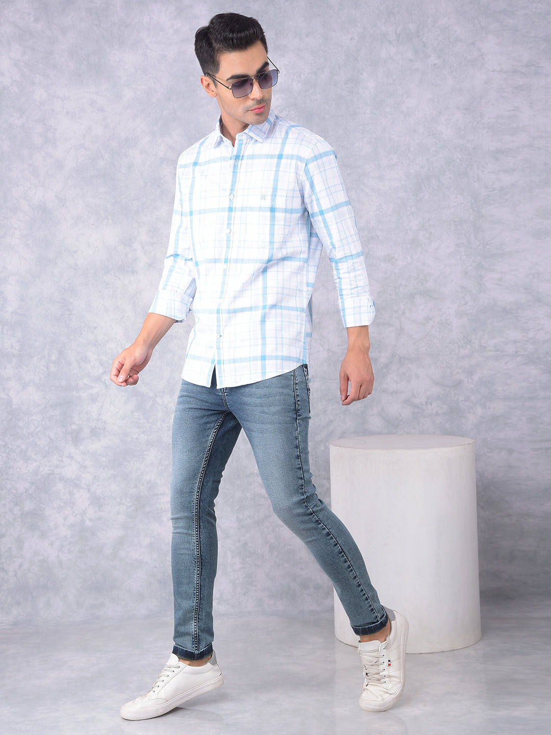 Blue Checked 100% Cotton Shirt-Men Shirts-Crimsoune Club