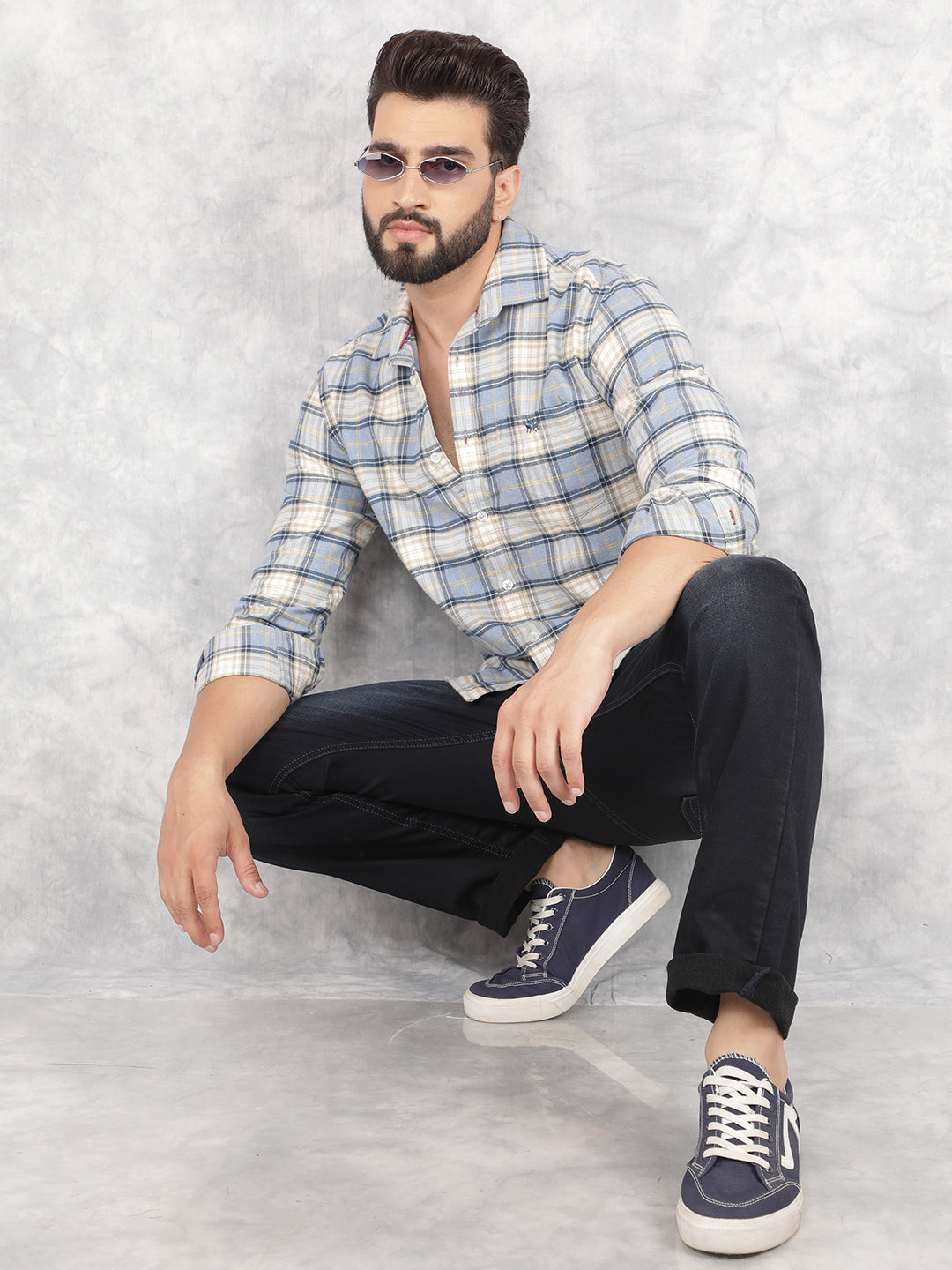 Blue Checked 100% Cotton Shirt-Men Shirts-Crimsoune Club