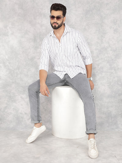 White Vertical Stripes 100% Cotton Shirt-Men Shirts-Crimsoune Club