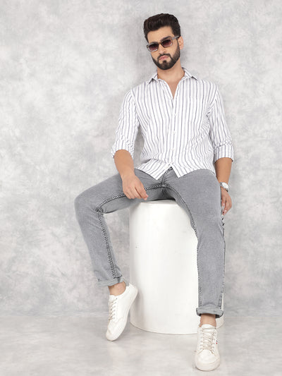 White Vertical Stripes 100% Cotton Shirt-Men Shirts-Crimsoune Club