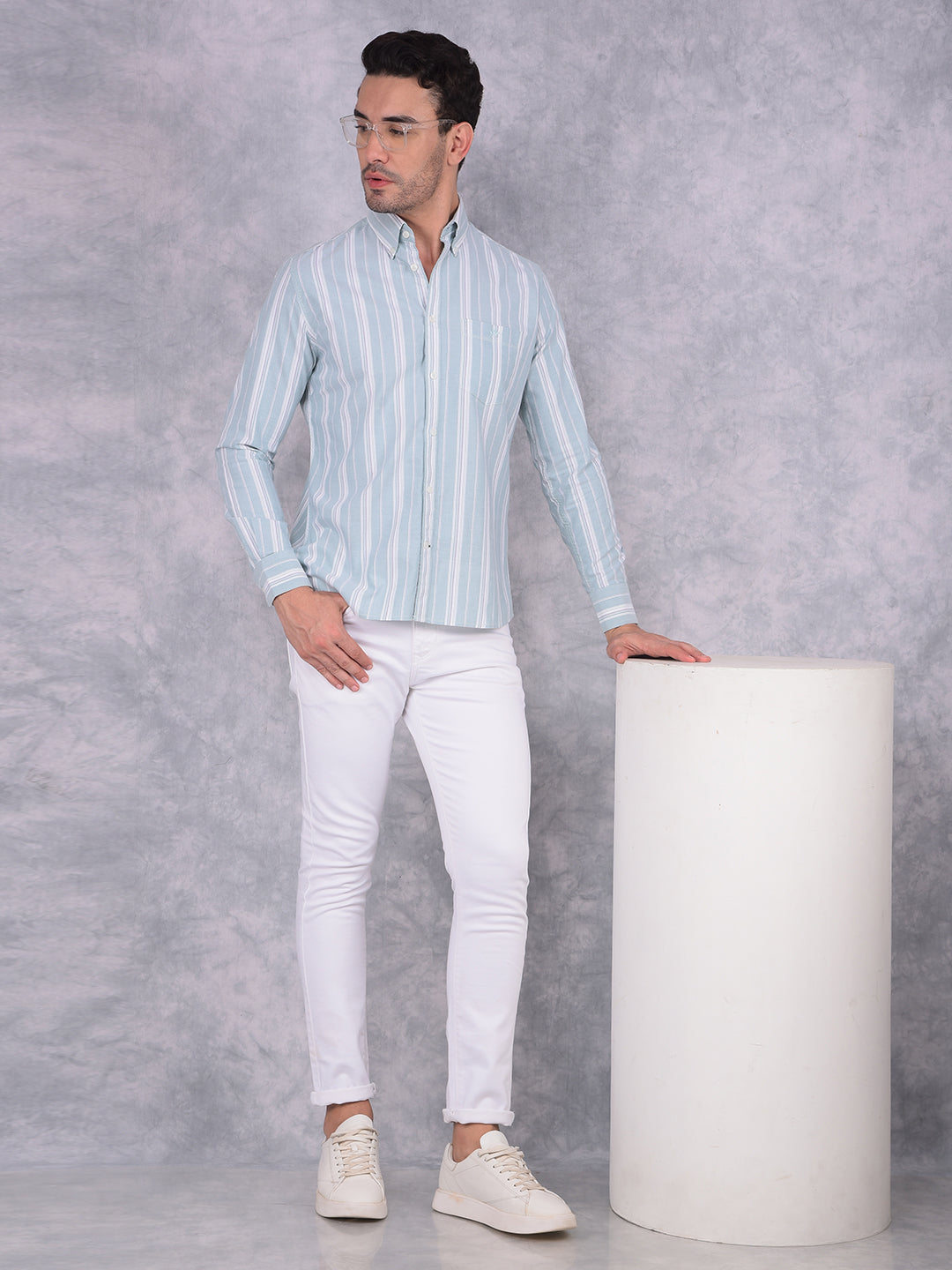 Green Vertical Striped 100% Cotton Shirt-Men Shirts-Crimsoune Club