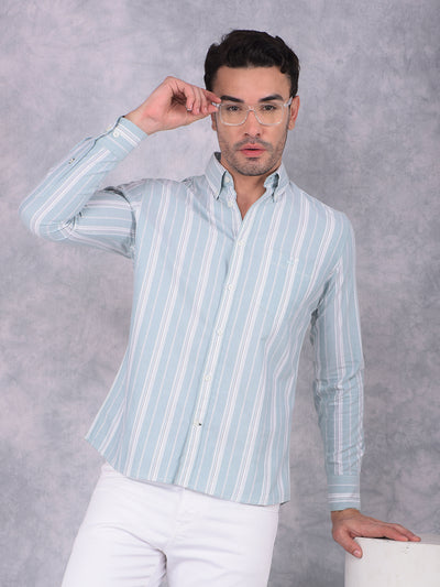 Green Vertical Striped 100% Cotton Shirt-Men Shirts-Crimsoune Club