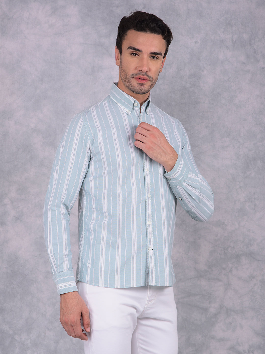 Green Vertical Striped 100% Cotton Shirt-Men Shirts-Crimsoune Club