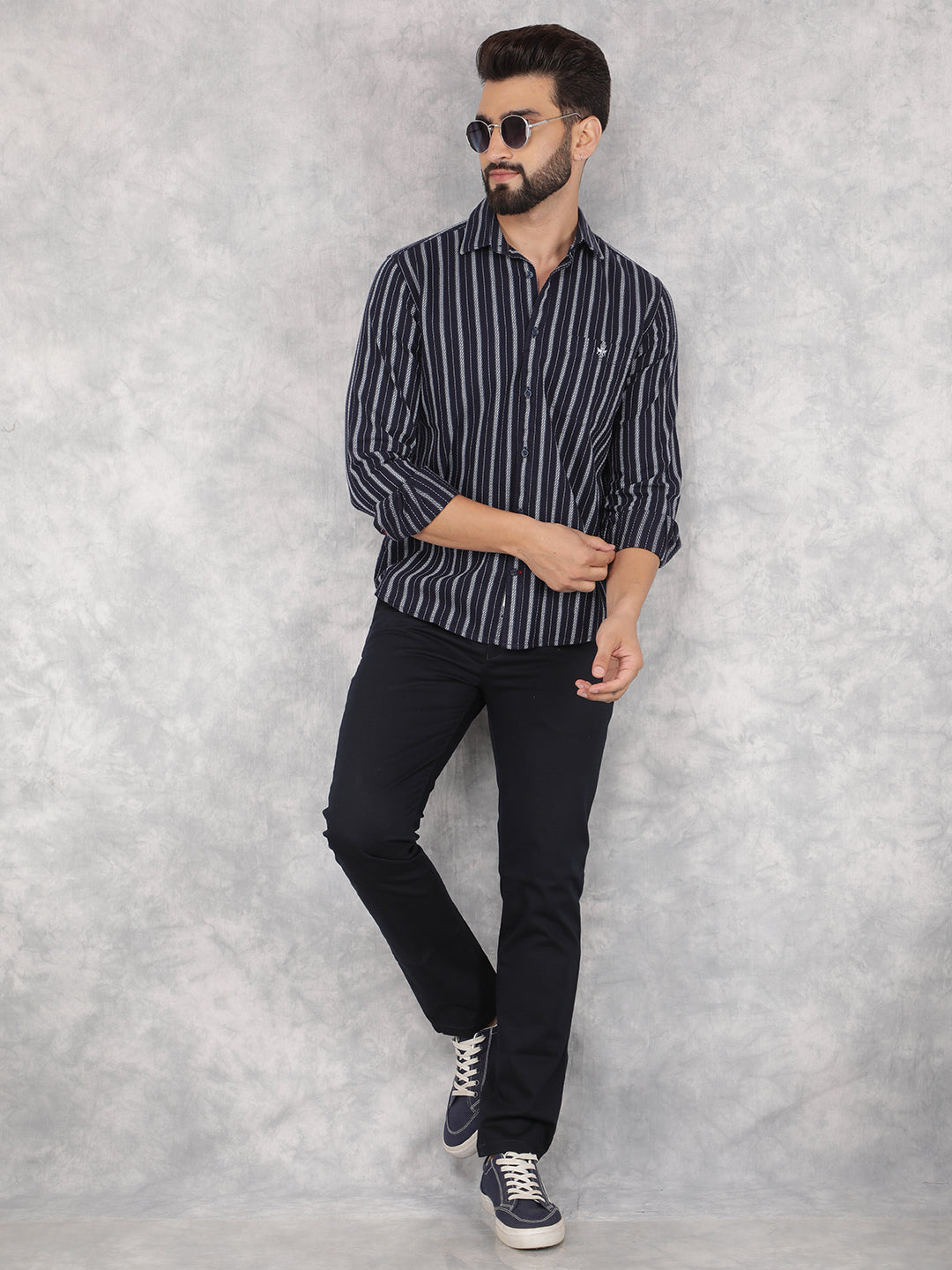 Navy Blue Vertical Stripes 100% Cotton Shirt-Men Shirts-Crimsoune Club