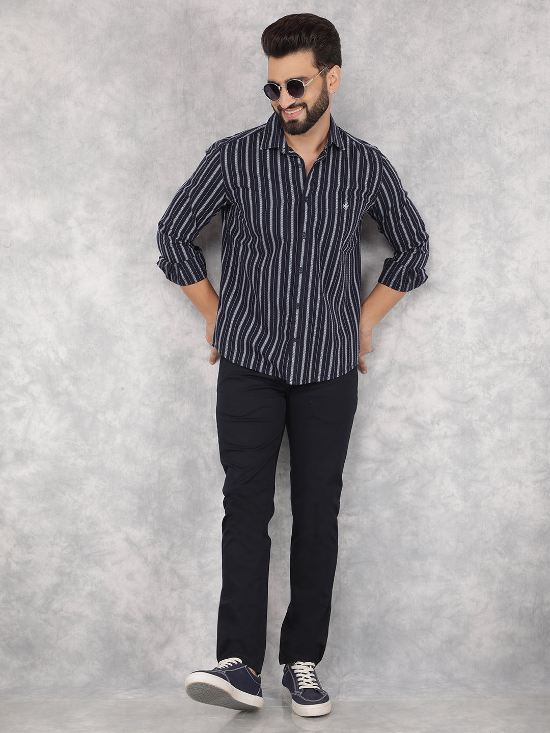 Navy Blue Vertical Stripes 100% Cotton Shirt-Men Shirts-Crimsoune Club