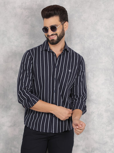 Navy Blue Vertical Stripes 100% Cotton Shirt-Men Shirts-Crimsoune Club