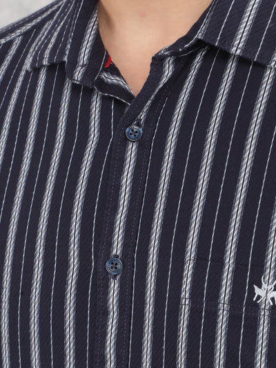 Navy Blue Vertical Stripes 100% Cotton Shirt-Men Shirts-Crimsoune Club