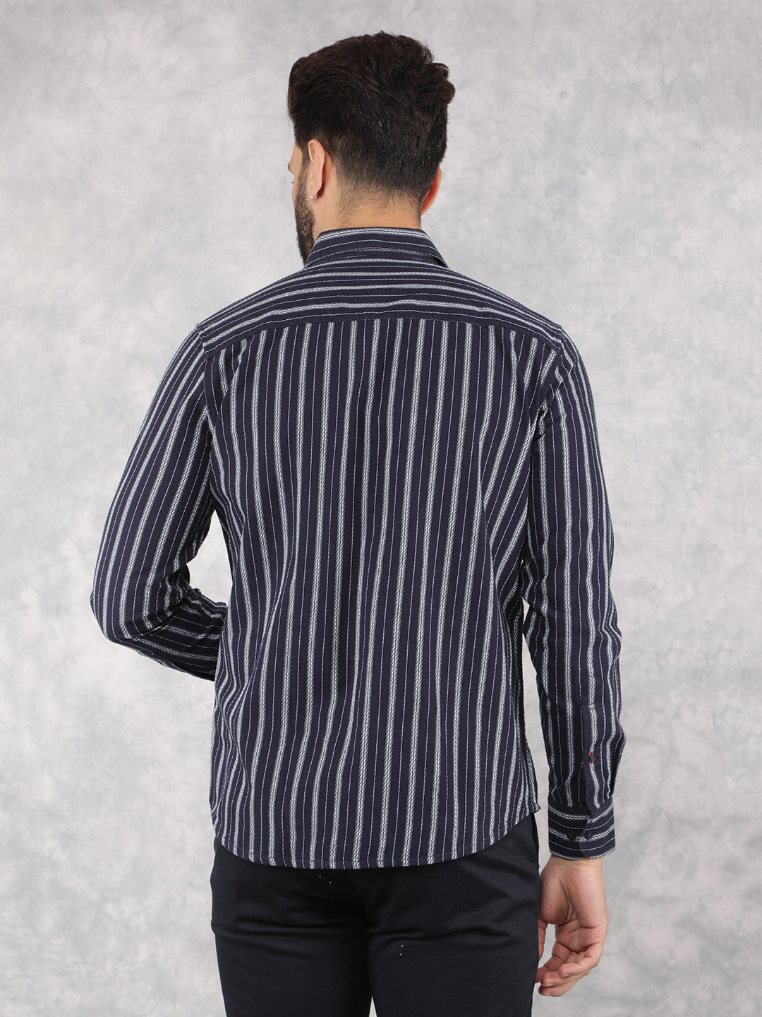 Navy Blue Vertical Stripes 100% Cotton Shirt-Men Shirts-Crimsoune Club