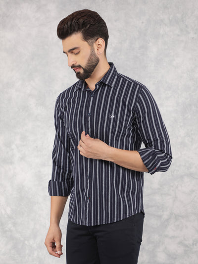 Navy Blue Vertical Stripes 100% Cotton Shirt-Men Shirts-Crimsoune Club