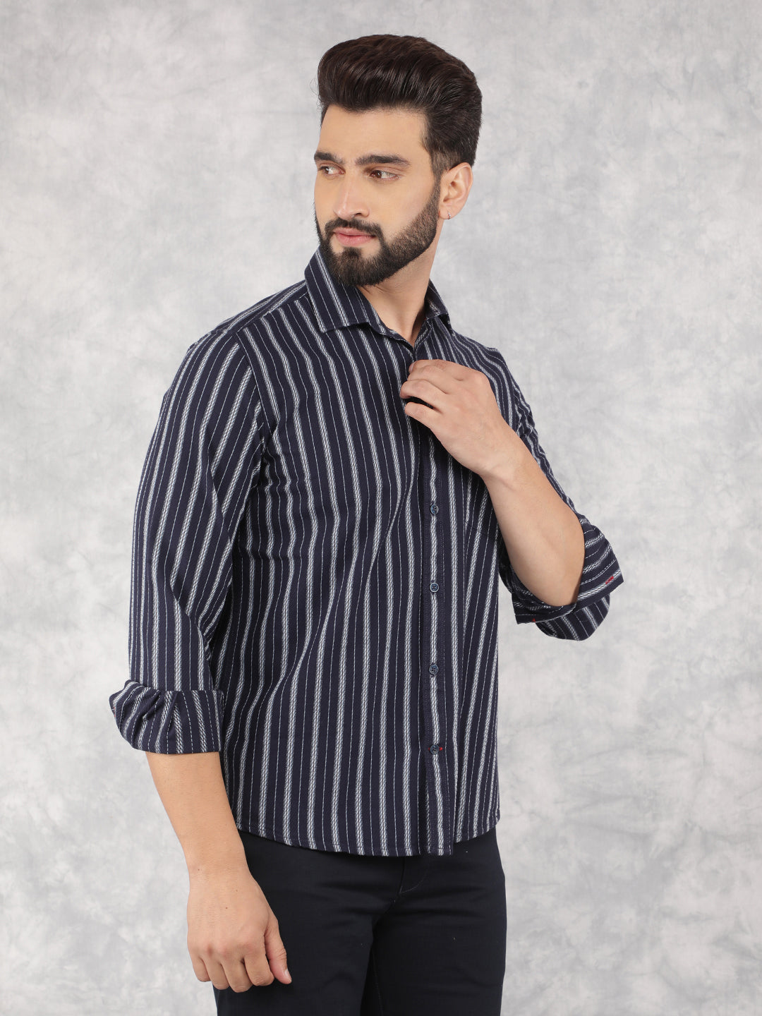 Navy Blue Vertical Stripes 100% Cotton Shirt-Men Shirts-Crimsoune Club