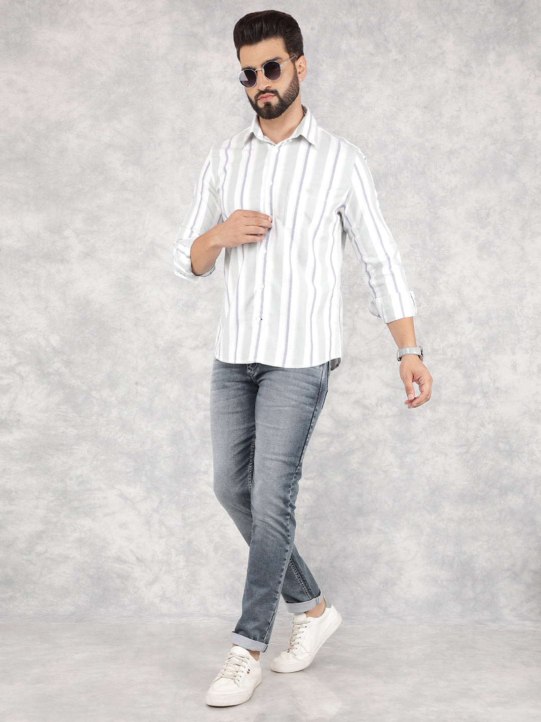 Green Vertical Stripes 100% Cotton Shirt-Men Shirts-Crimsoune Club