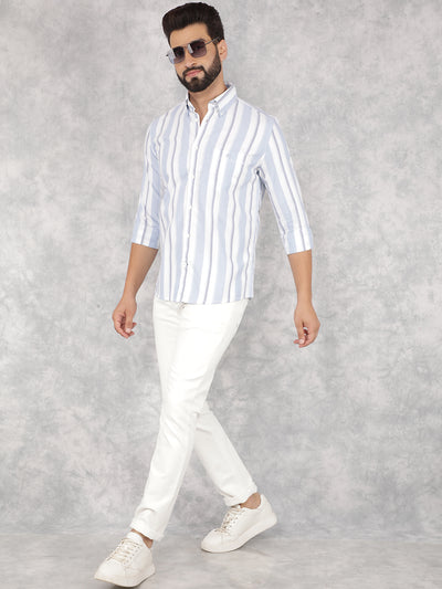 Blue Vertical Stripes 100% Cotton Shirt-Men Shirts-Crimsoune Club