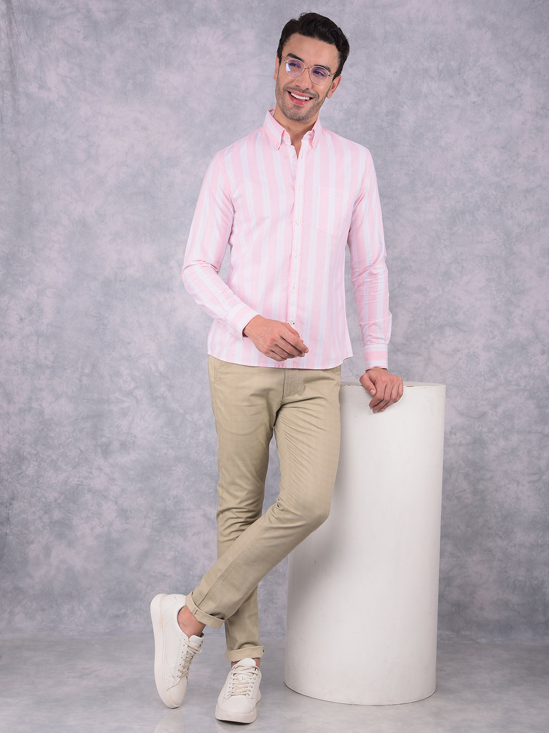 Pink Vertical Striped 100% Cotton Shirt-Men Shirts-Crimsoune Club