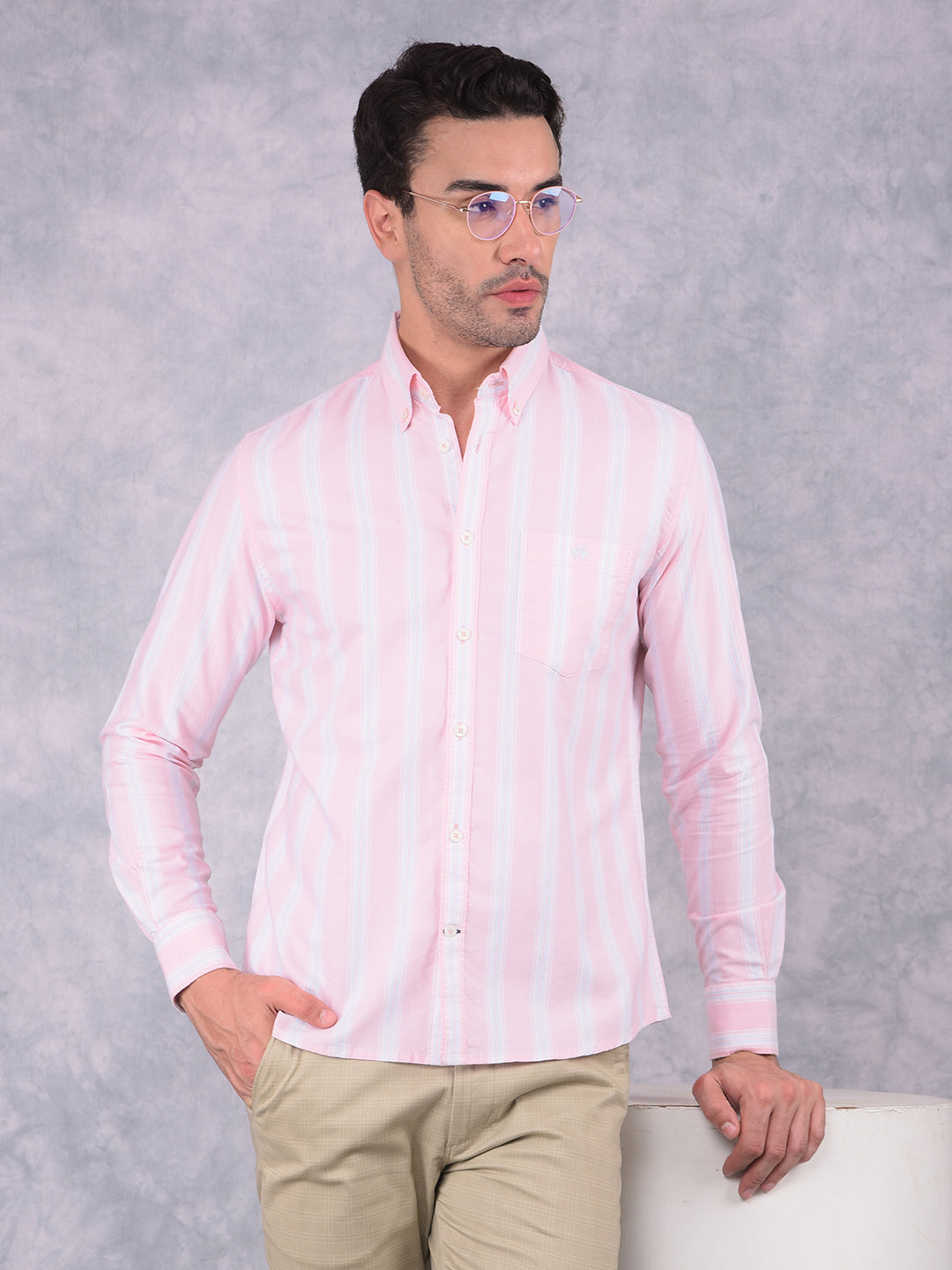 Pink Vertical Striped 100% Cotton Shirt-Men Shirts-Crimsoune Club