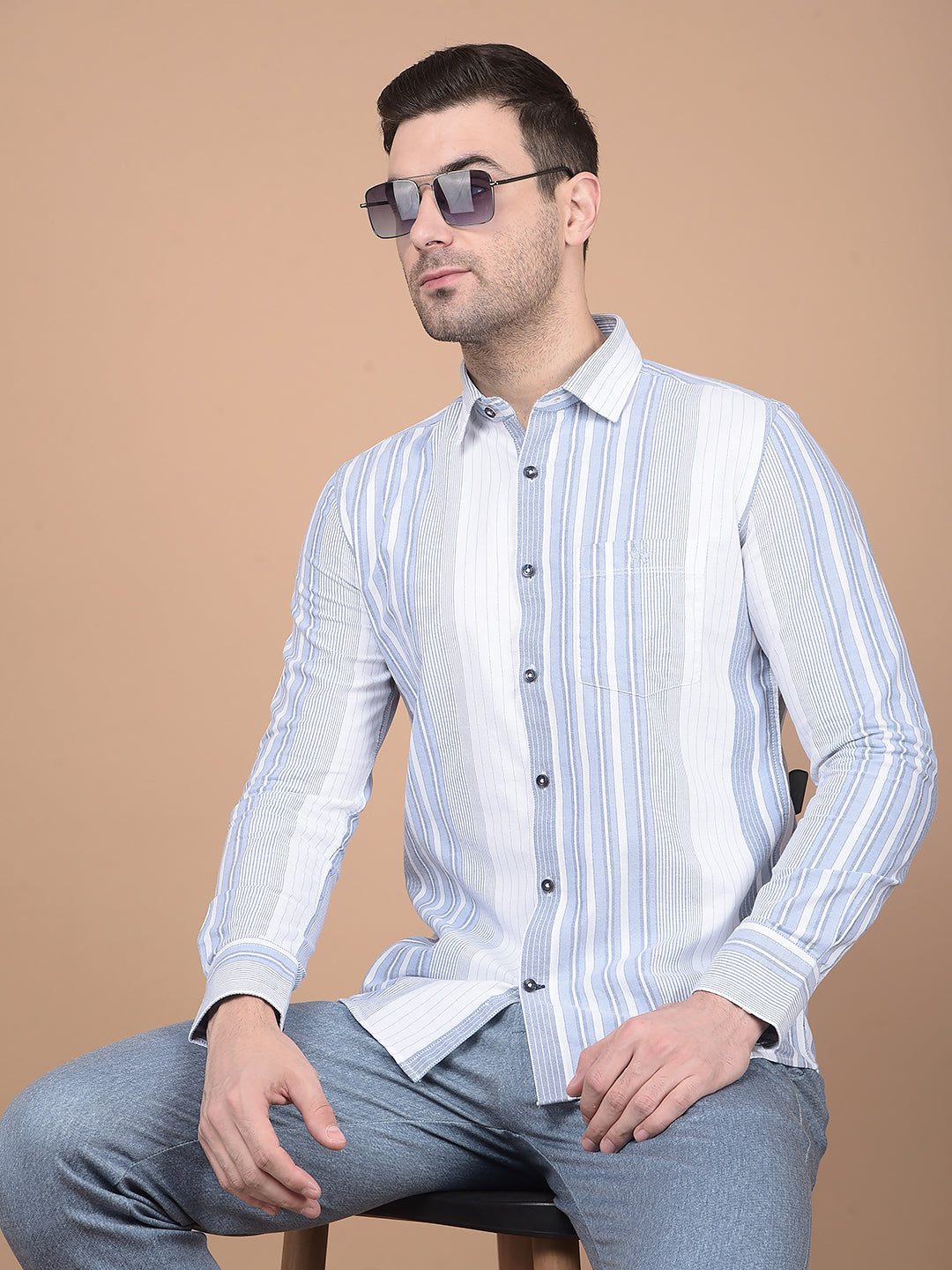 Blue Vertical Striped 100% Cotton Shirt