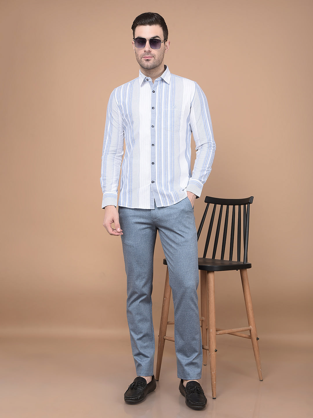 Blue Vertical Striped 100% Cotton Shirt