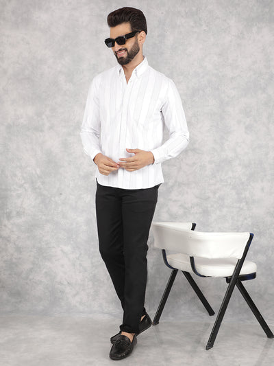 White Vertical Stripes 100% Cotton Shirt-Men Shirts-Crimsoune Club