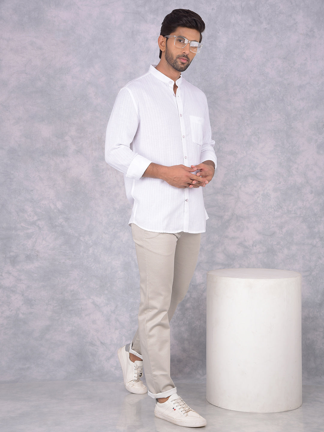 White Vertical Stripes Linen Shirt-Men Shirts-Crimsoune Club