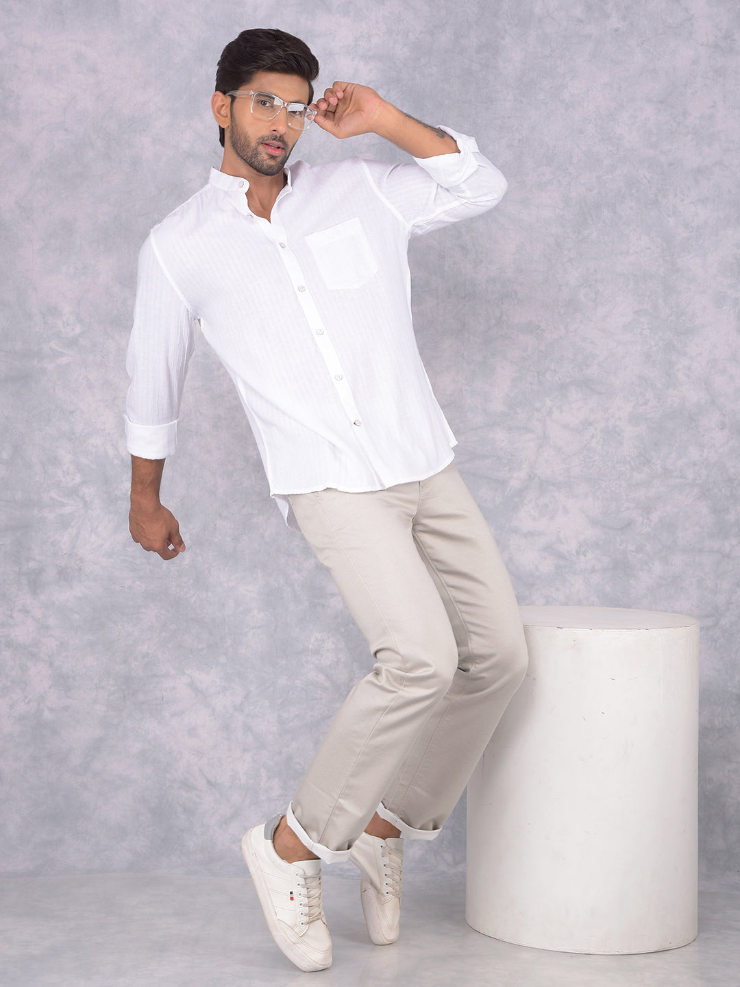 White Vertical Stripes Linen Shirt-Men Shirts-Crimsoune Club