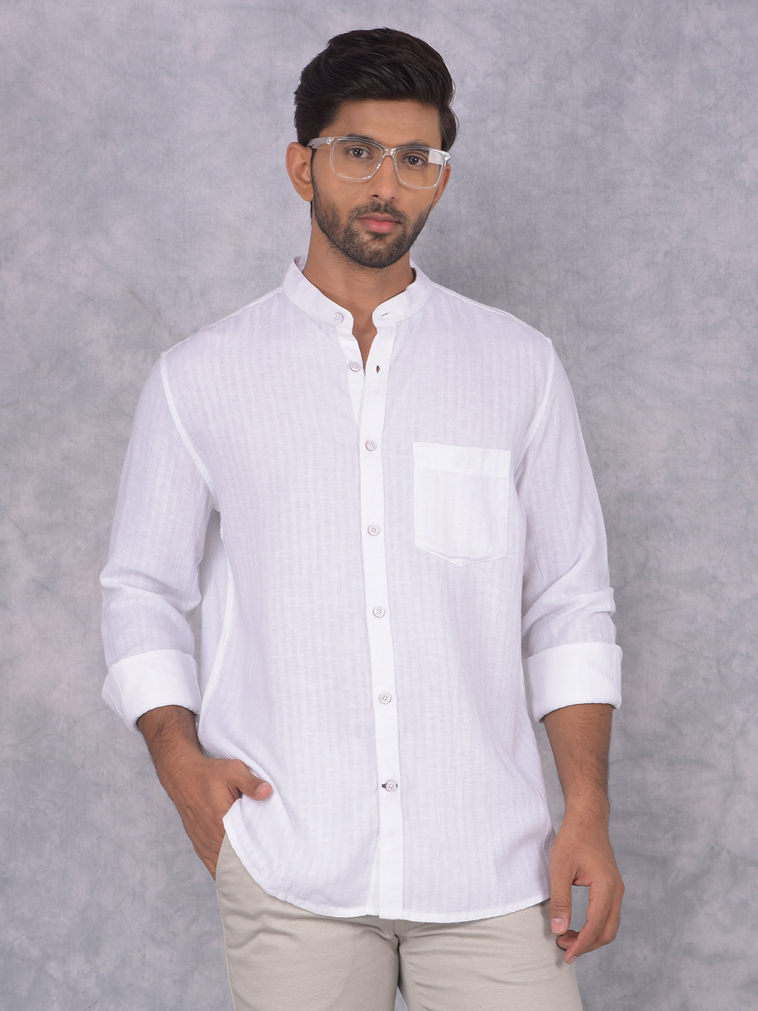 White Vertical Stripes Linen Shirt-Men Shirts-Crimsoune Club