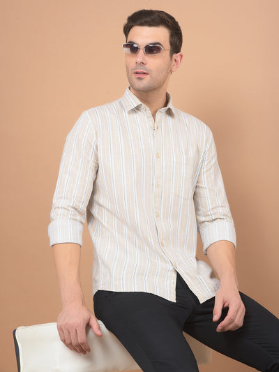 Beige Vertical Striped 100% Cotton Shirt-Men Shirts-Crimsoune Club