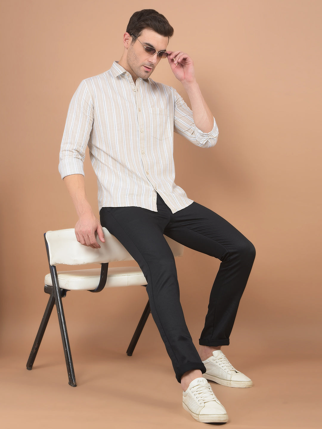 Beige Vertical Striped 100% Cotton Shirt-Men Shirts-Crimsoune Club