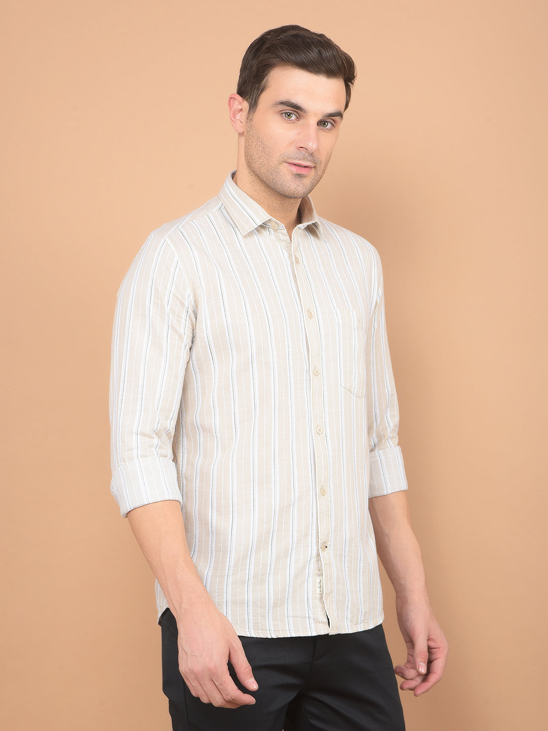 Beige Vertical Striped 100% Cotton Shirt-Men Shirts-Crimsoune Club