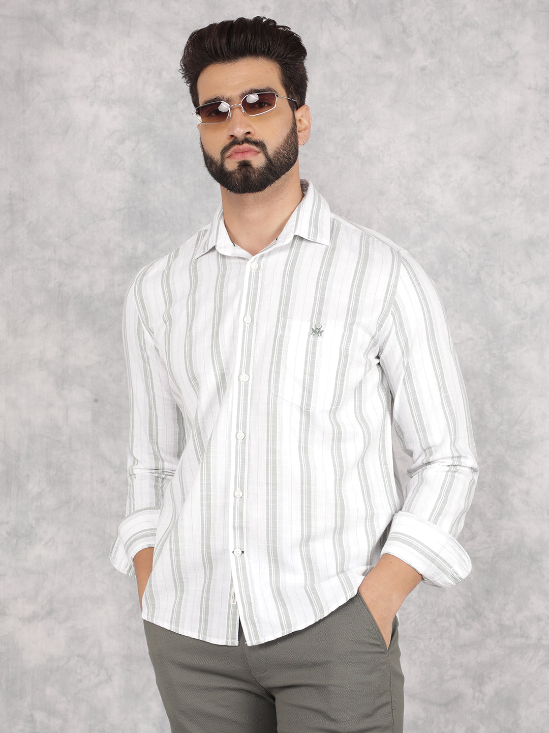 Green Vertical Stripes 100% Cotton Shirt-Men Shirts-Crimsoune Club