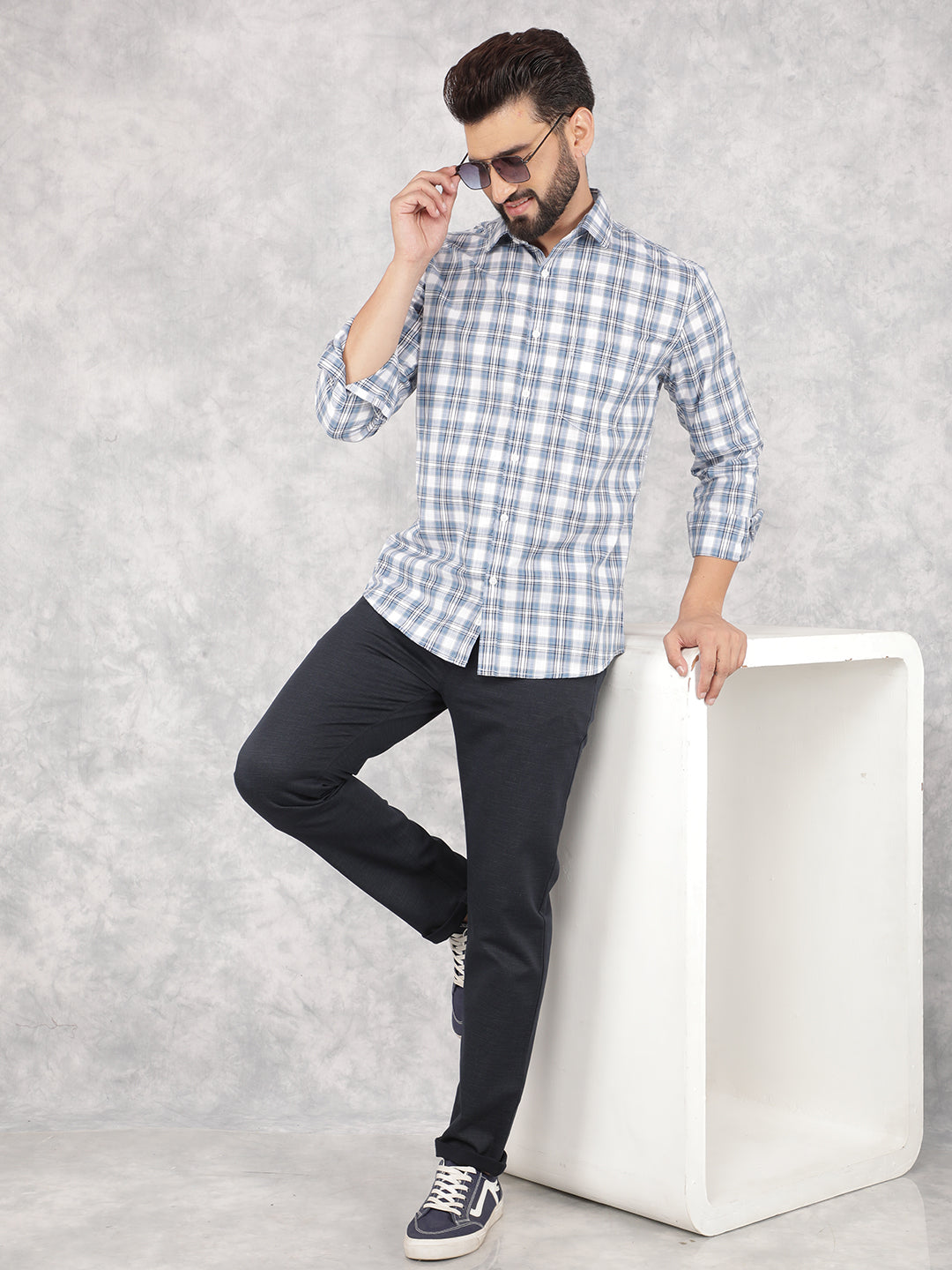 Blue Checked 100% Cotton Shirt-Men Shirts-Crimsoune Club