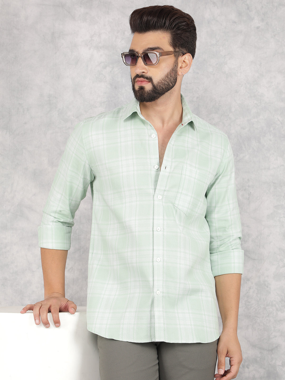 Green Checked 100% Cotton Shirt-Men Shirts-Crimsoune Club