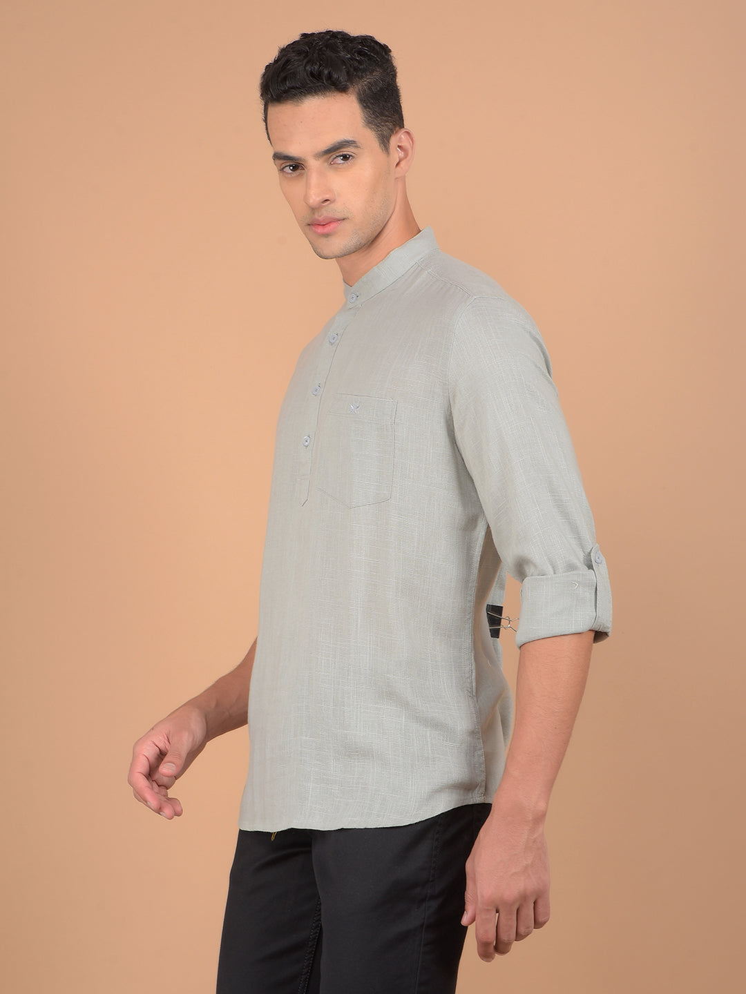 Green Textured Linen Kurta-Men Kurtas-Crimsoune Club