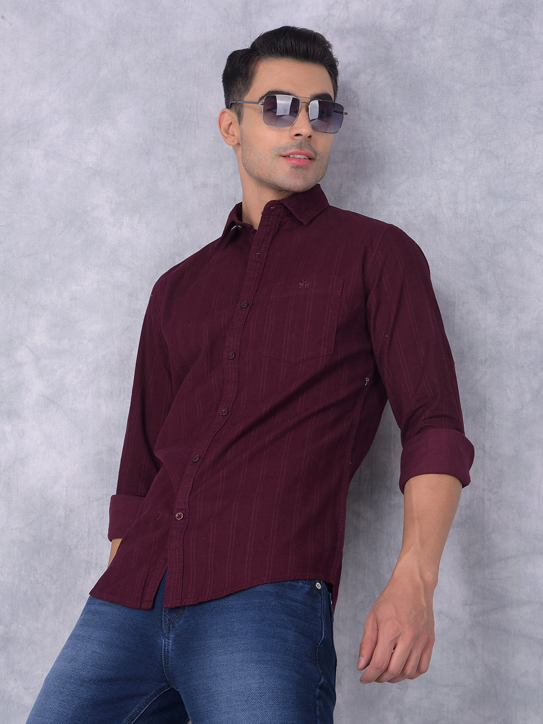 Wine Vertical Stripes 100% Cotton Shirt-Men Shirts-Crimsoune Club