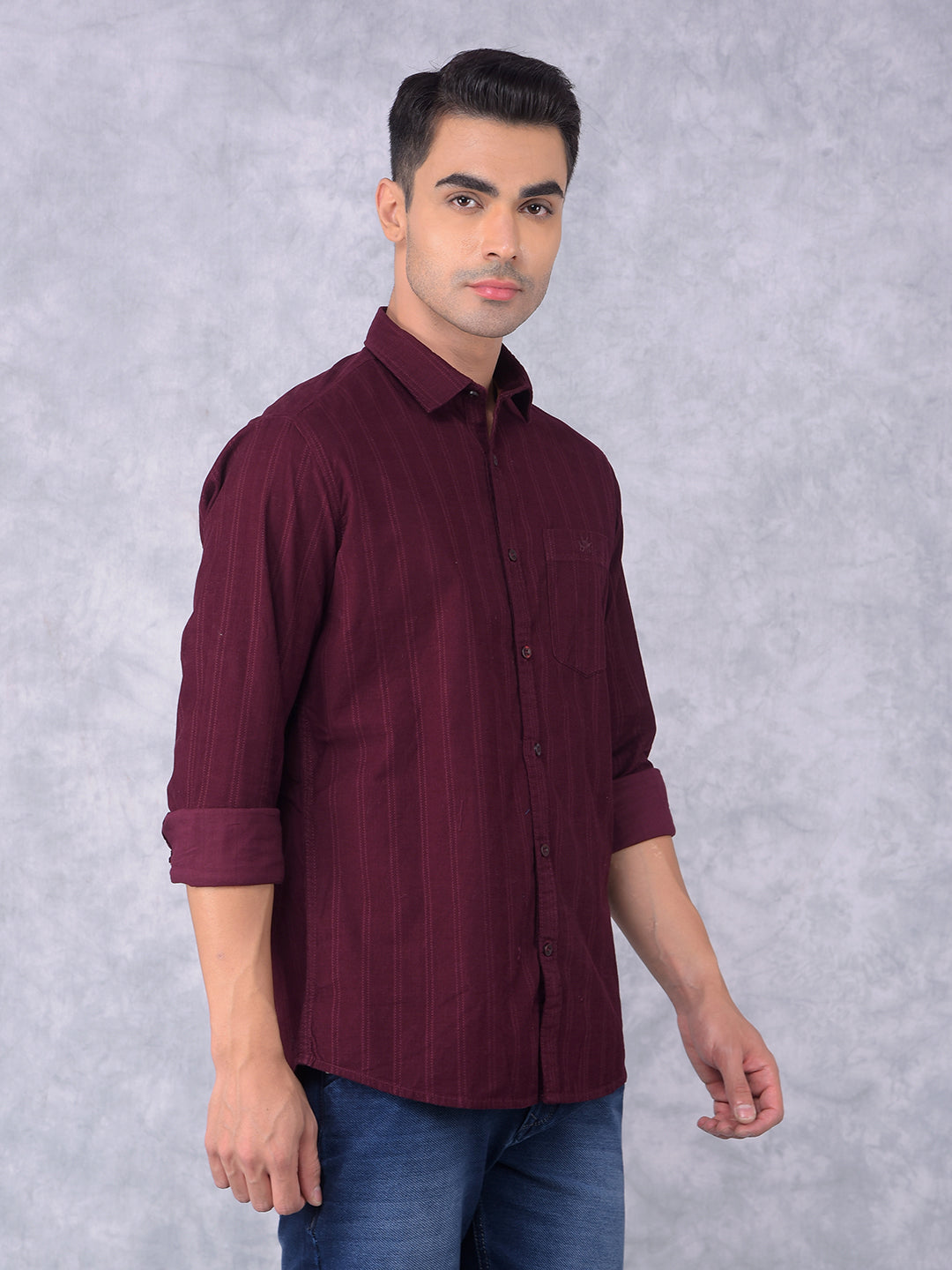 Wine Vertical Stripes 100% Cotton Shirt-Men Shirts-Crimsoune Club