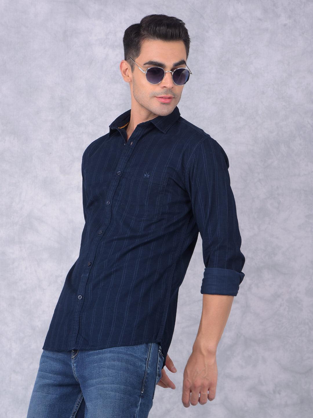 Navy Blue Vertical Stripes 100% Cotton Shirt-Men Shirts-Crimsoune Club