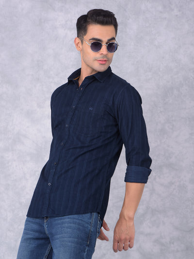 Navy Blue Vertical Stripes 100% Cotton Shirt-Men Shirts-Crimsoune Club