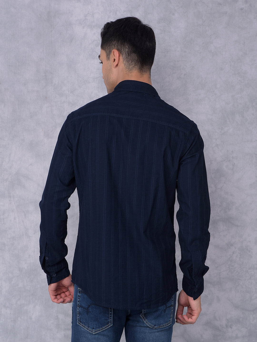 Navy Blue Vertical Stripes 100% Cotton Shirt-Men Shirts-Crimsoune Club