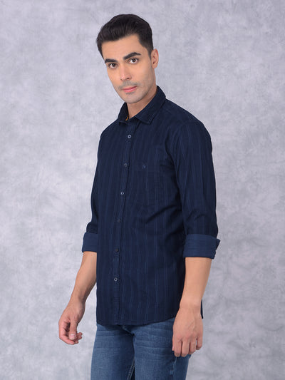 Navy Blue Vertical Stripes 100% Cotton Shirt-Men Shirts-Crimsoune Club