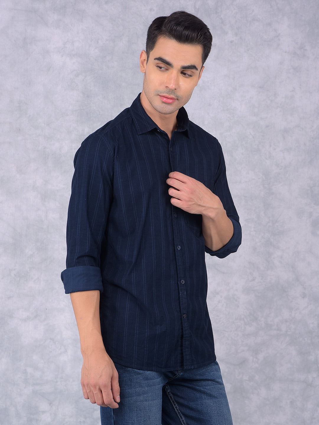 Navy Blue Vertical Stripes 100% Cotton Shirt-Men Shirts-Crimsoune Club